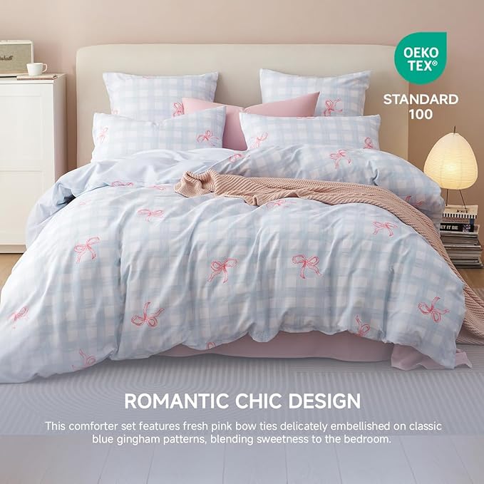 Comforter Set Twin Size - 2 Pieces Blue Pink Bows Comforter Set Gingham Checkered Bedding Sets,Twin Bed in a Bag Plaid Comforter and 1 Pillowcase,Back to School Comforter