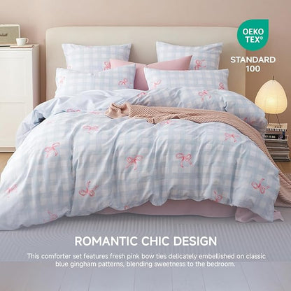 Comforter Set Twin Size - 2 Pieces Blue Pink Bows Comforter Set Gingham Checkered Bedding Sets,Twin Bed in a Bag Plaid Comforter and 1 Pillowcase,Back to School Comforter