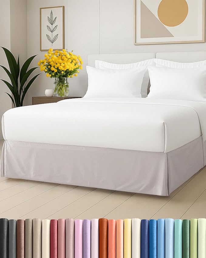 Pleated Bed Skirt Queen Size - 3 Sided Pleated Bed Skirt Queen - Ultra-Soft, Easy Fit with 12 Inch Tailored Drop - Hotel Quality, Wrinkle & Fade Resistant - For Women, Men, Kids and Teens - Light Grey