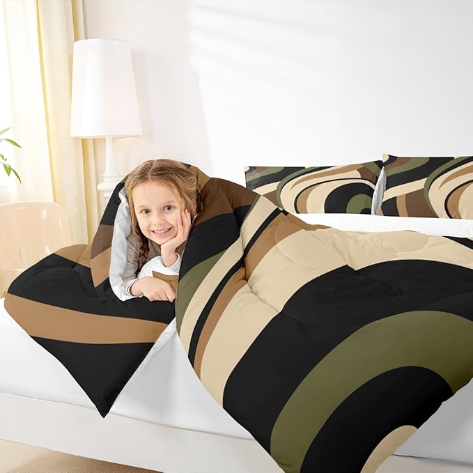 Castle Fairy Stripes Comforter Set Twin Size Brown Black Green Swirls Bedding Set 2pcs for Kids Boys Men Room Decor Vintage Abstract Styles Quilt Set Microfiber Duvet Insert with 1 Pillowcase
