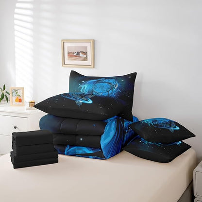 Erosebridal Gothic Dragon Dream Catchers Bed in a Bag Queen Comforter Set 7 Piece,Blue Galaxy Bohemian Feather Bedding Sets Antique Animal Pterosaur Sheet Set with Comforter