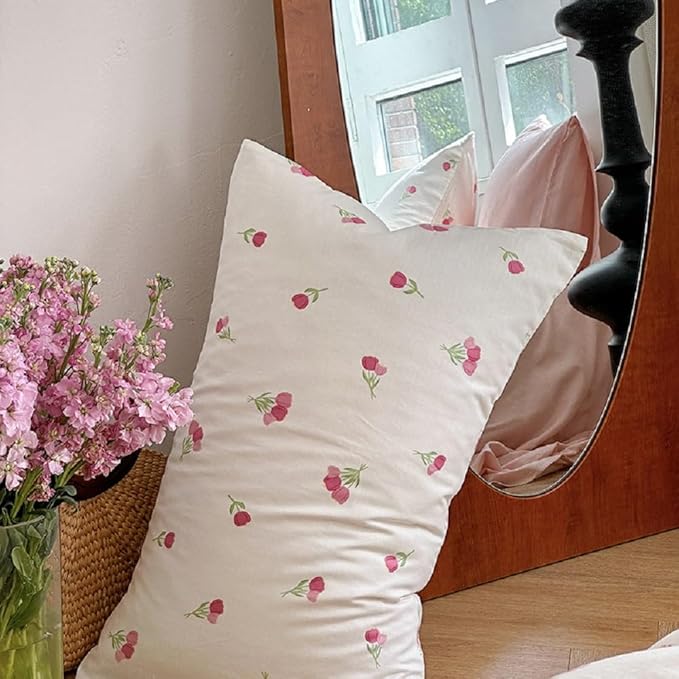 Floral Comforter Set Queen Size - 3 Pieces Pink White Floral Comforter Bedding Sets Tulips Pattern,Queen Bed in a Bag with Heart Comforter and 2 Pillowcases