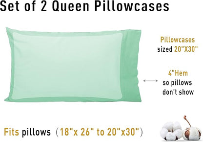 Sunflower Queen Pillowcases Set of 2, 100% Cotton Queen Pillow Cases 2, 20×30 inches Zephyr Green, Soft and Breathable