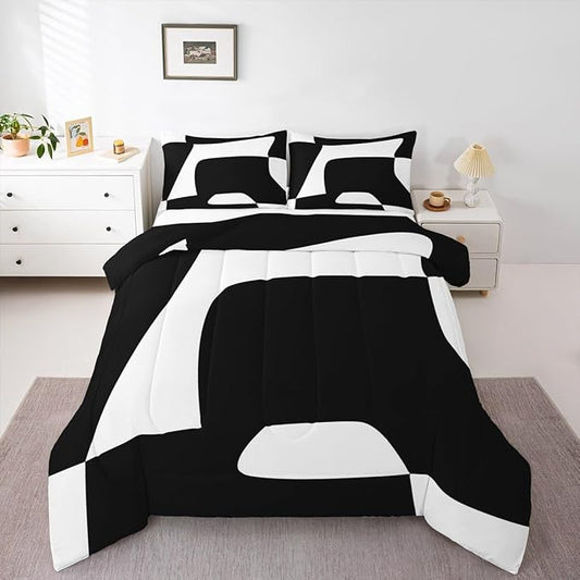 Erosebridal Black and White Abstract King Bedding Set Boho Geometric Striped Comforter Set for Adult Women Men Minimalist Modern Art Bed Collections Simple Aesthetic Modern Duvet Quilt Sets
