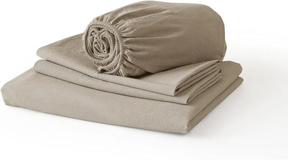 JIYUAN California King Size Sheet Set, 4-Piece - 100% Washed Cotton, Linen-Like Soft & Breathable, Includes Deep Pocket Fitted & Flat Sheet with 2 Pillowcases, Hotel Quality, Solid Khaki