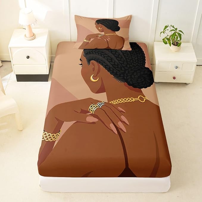Erosebridal Fashion Black Woman Bedding Set Twin Size 2 Piece Romantic Makeup Themed Girls Bed Sheets Fashionable Gorgeous Fitted Sheet Vogue Afro Girls Sheets for Kids Teens Adult Bedroom