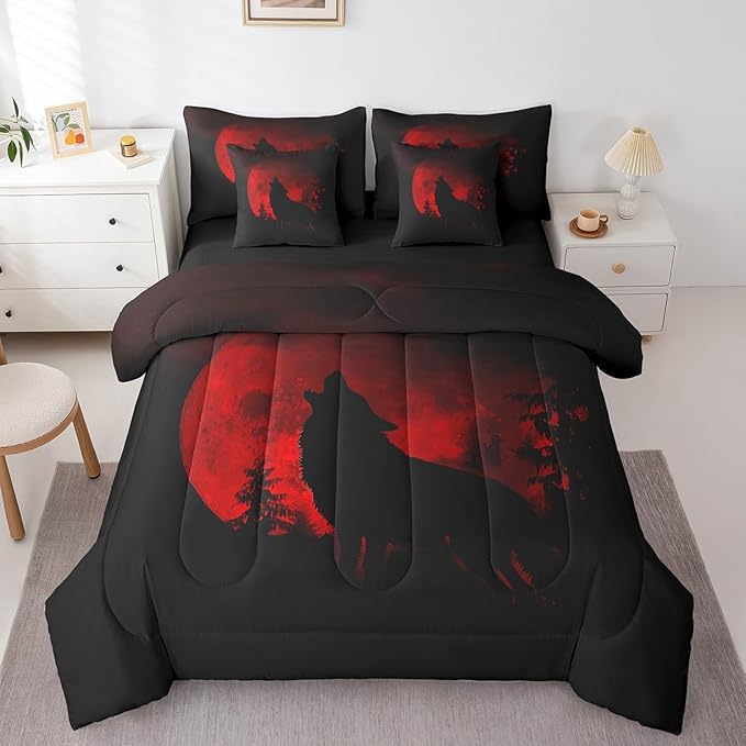 Castle Fairy Wolf Silhouette Bed in a Bag Comforter Set,Howling Wolf Animal Twin Size 7 Pieces for Kids Teens,Jungle Red Moon Bedding Set with Comforter, Sheet Set, Pillowcases, Pillow Covers