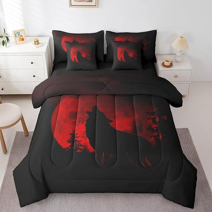 Castle Fairy Wolf Silhouette Bed in a Bag Comforter Set,Howling Wolf Animal Queen Size 7 Pieces for Kids Teens,Jungle Red Moon Bedding Set with Comforter, Sheet Set, Pillowcases, Pillow Covers
