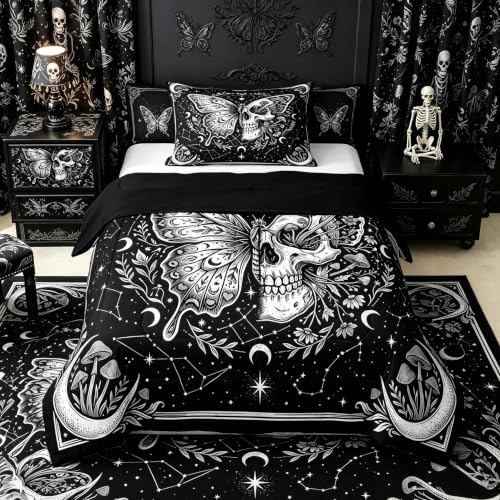 Butterfly Skull Kids Comforter Set Twin,White Mushroom Plant Skeleton Bedding Set for Teens Adults Bedroom Decor,Floral Starry Moon Duvet Insert,Gothic Aesthetic Quilted Duvet Set with 1 Pillowcase