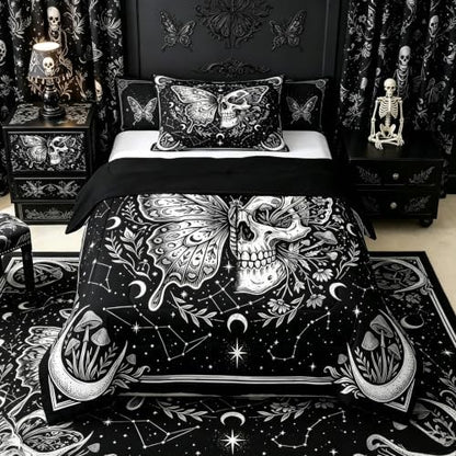 Butterfly Skull Kids Comforter Set Twin,White Mushroom Plant Skeleton Bedding Set for Teens Adults Bedroom Decor,Floral Starry Moon Duvet Insert,Gothic Aesthetic Quilted Duvet Set with 1 Pillowcase