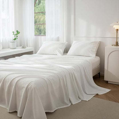 JIYUAN Twin Size Sheet Set, 3-Piece - 100% Washed Cotton, Linen-Like Soft & Breathable, Includes Deep Pocket Fitted & Flat Sheet with 1 Pillowcases, Hotel Quality, Solid Off White