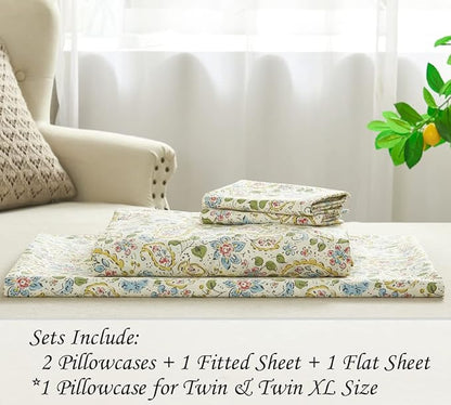 DAUAOTO Cotton Sheets Set California King Printed Bedding Sets, Farmhouse Paisley Pattern Bedlinen for Cal King Bed Up to 14" Deep Mattress Yellow