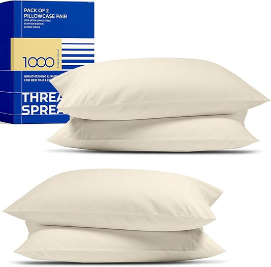 Thread Spread 100% Egyptian Cotton Pillow Cases Queen Size Set of 4 - Luxury 1000 Series Paradise Collection Queen Pillow Cases (Pack of 2, Ivory), Soft Cooling Hotel Egyptian Cotton Pillowcases