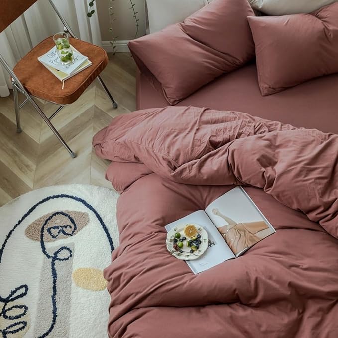 LifeTB Brick Red Duvet Cover Full Size Soft Jersey Knit Cotton Bedding Set Minimalist Clay Rust Red Comforter Cover 3 Pieces Solid Color Bedding Set Knitted Cotton Duvet Cover with 2 Pillowcases