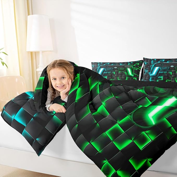 Erosebridal Gaming Queen Comforter Set for Boys Kids Gamer Bedding Sets 3D Geometric Ombre Gamepad Bed Comforter Set for Teen Men Neon Lights Video Game Quilt Duvet Soft Lightweight for All Season
