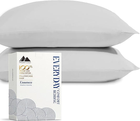 Mayfair Linen 100% Organic Cotton King Size Pillow Cases Set of 2 - Soft Hotel Quality Covers for King Size Pillows (Light Grey), Authentic GOTS Certified, Crisp, Cooling Percale Cotton Pillowcases