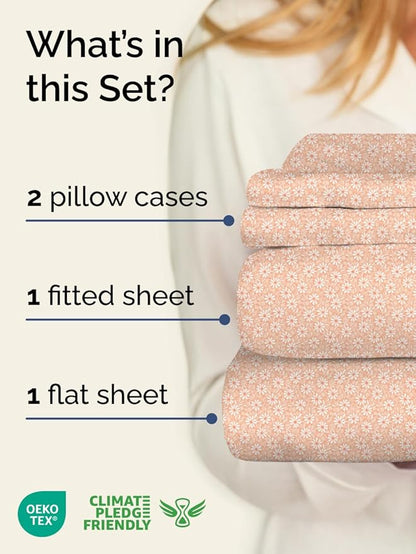 Floral Sheets - Pink & White Bed Sheet Set - 1 Flat, 1 Fitted & 2 Pillowcases w/ Deep Pockets - Comfy, Wrinkle & Fade Free - Boho Botanical Bedding - Soft, Breathable and Cooling - Cal King Size Set