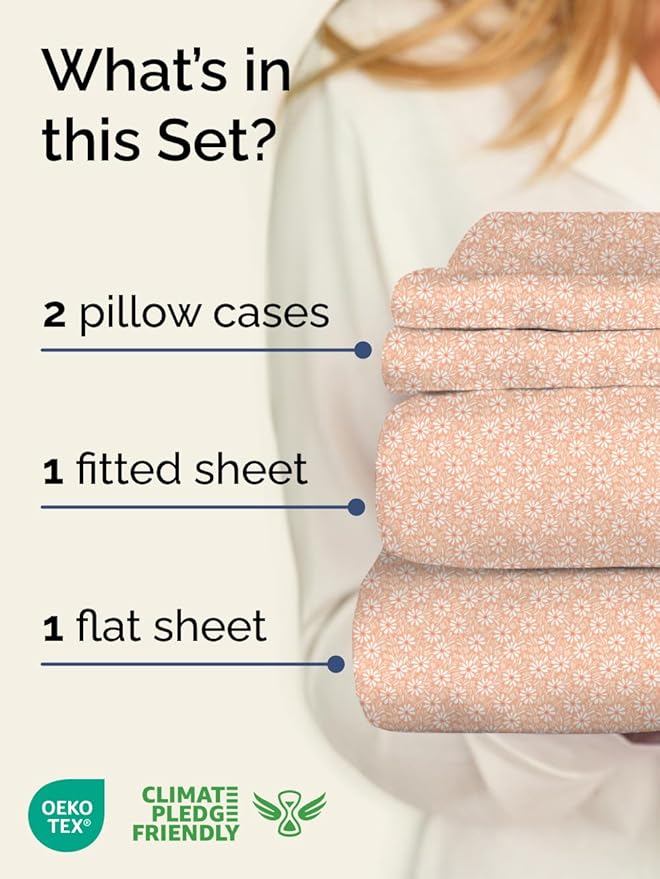 Floral Sheets - Pink & White Bed Sheet Set - 1 Flat, 1 Fitted & 2 Pillowcases w/ Deep Pockets - Comfy, Cozy, Wrinkle & Fade Free - Boho Botanical Bedding - Soft, Breathable & Cooling - Full Size Set