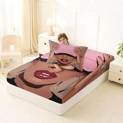 Erosebridal Black Girls Twin Size Bed Sheets Fashion Black Woman Fitted Sheet for Girls Kids Vogue Fashionable Gorgeous Bedding Set for Teens Children Women African Princess Magical Sheets