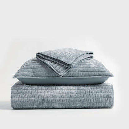 EVERGRACE Velvet Quilt Set Queen Size, Luxurious Soft Striped Channel Bedding Set, Lightweight Velvet Comforter for All Season, Oversized Bedspread Coverlet with 2 Matching Shams, Blue Linen