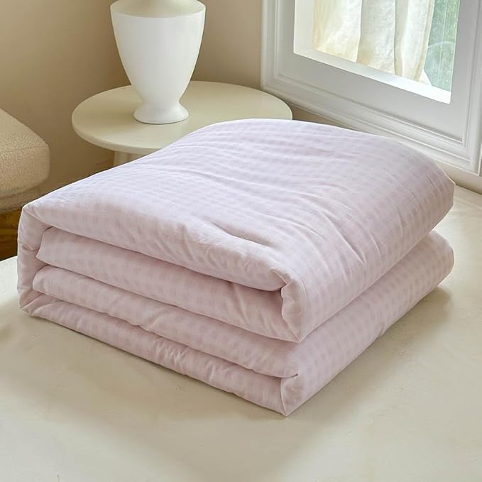 NSNLGSGC Pink Gingham Cotton Comforter Set Queen, 100% Washed Cotton Plaid Checked Comforter Bedding, 3 Pieces Vintage Farmhouse Grid Bedding Set(Pink Gingham, Queen)
