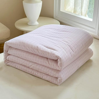 NSNLGSGC Pink Gingham Cotton Comforter Set Twin, 100% Washed Cotton Plaid Checked Comforter Bedding, 2 Pieces Vintage Farmhouse Grid Bedding Set(Pink Gingham, Twin)