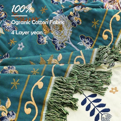 VANJOROY Boho 100% Organic Cotton Muslin Large Throw Blanket 60" x 80" - All Season Rustic Ultra Soft Breathable Floral Bird Blanket for Bed Sofa Couch Chair Bedspread Quilt Gift,-Teal/Green