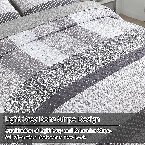 WONGS BEDDING Grey Queen Size Quilt Set, Boho Striped Bedspread