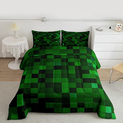 Pixelated Miners Game Kids Bedding Set King Size,Geometric Check Video Games Comforter Set,Gamepad Grid Gaming Quilt Comforter,Dark Green Bedroom Duvet Insert,2 Pillowcases
