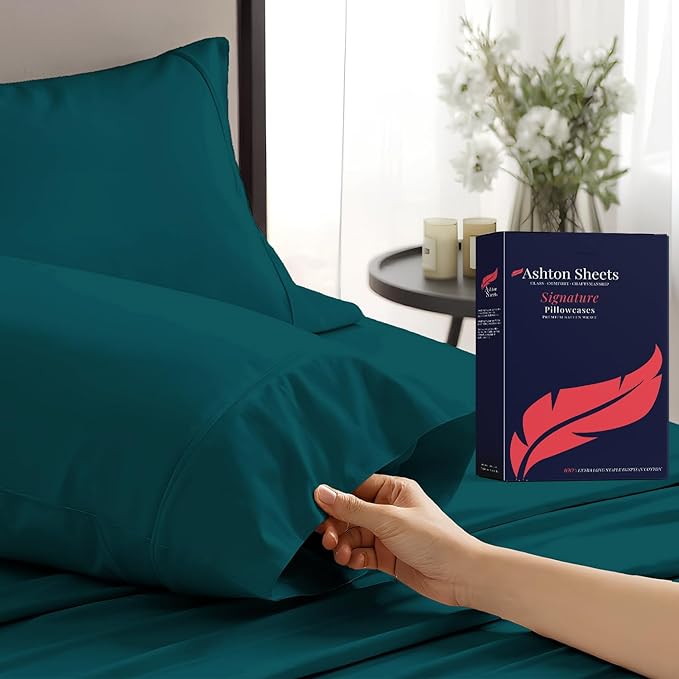 Ashton Sheets 100% Egyptian Cotton Queen Pillow Cases Set of 2 - Luxury 1200 Thread Count Pillow Cases Queen Size (Teal), Soft, Cooling Hotel Collection Pillowcases, Fits Queen Standard Pillow
