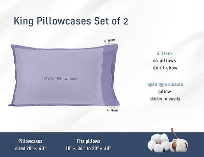 Pillow Cases, King Size Cotton Percale Weave Pillowcases, Pre-Shrunk Breathable and Hypoallergenic Pillowcases, Set of 2 (2 Piece King 20 Inch x 40 Inch, Purple)
