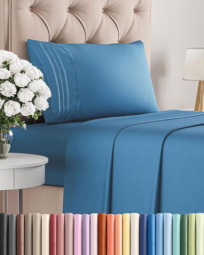 Twin Size 3 Piece Sheet Set - Comfy Breathable & Cooling Bed Sheets Set - Hotel Luxury Bedding for Women, Men, Kids, Teens, Boys & Girls - Deep Pockets, Soft and Wrinkle Free - Oeko-Tex - Denim Blue