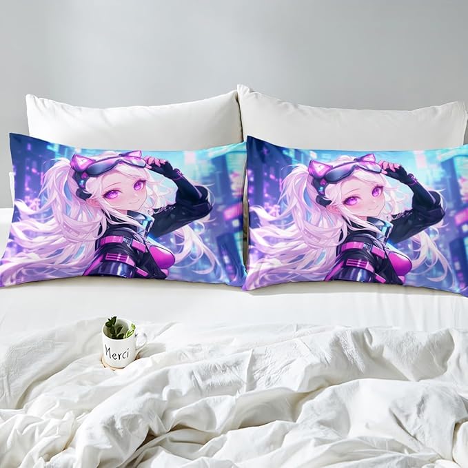 Erosebridal Girls Japanese Anime Bedding Set Full, Kawaii Anime Girl Comforter Set Cartoon Girl Quilt for Kids Teens Adult Women, Japanese Animation Sci Fi Style Duvet Insert, Blue Purple