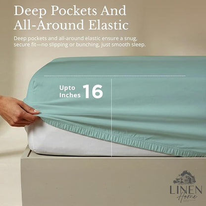 Linen Home 100% Cotton Percale Sheets Twin Size, Aqua Blue, Deep Pocket, 3 Pieces Set - 1 Flat, 1 Deep Pocket Fitted Sheet and 1 Pillowcase, Crisp Cool and Strong Bed Linen