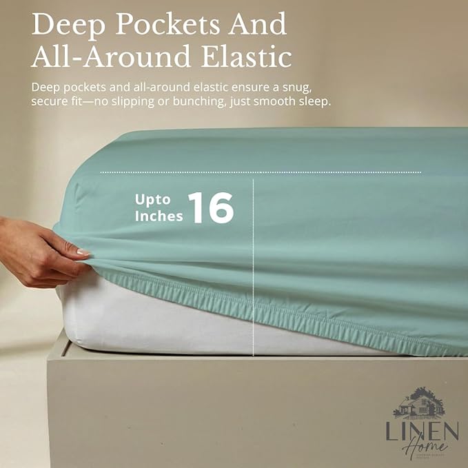 Linen Home 100% Cotton Percale Sheets Queen Size, Aqua Blue, Deep Pocket, 4 Pieces Set - 1 Flat, 1 Deep Pocket Fitted Sheet and 2 Pillowcases, Crisp Cool and Strong Bed Linen