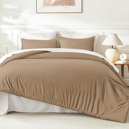 Litanika Taupe Comforter Set Queen Size, 3 Pieces Solid Bedding Comforter Set, All Season Fluffy Bed Set (90x90In Comforter & 2 Pillowcases)