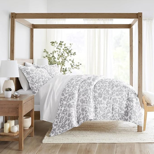 LINENS & HUTCH Comforter Set Patterned Microfiber All Season Down-Alternative Ultra Soft Bedding in Abstract Garden - Twin/TwinXL Abstract Garden Light Gray