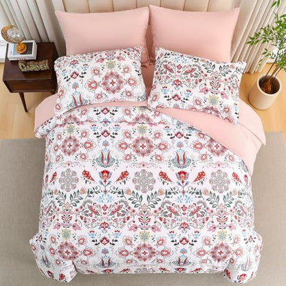 DHSFKBE Boho Comforter Set King - 7 Pieces Bed in a Bag Floral Design, Bohemian Comforter Set with Sheets, Soft Microfiber Complete Bedding Sets All Season (Light Pink, King)