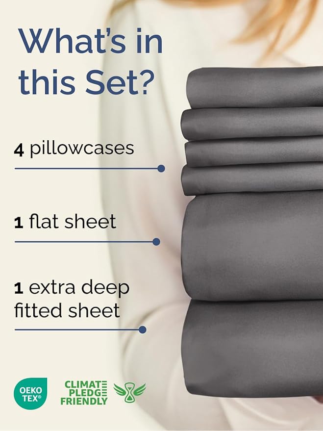 Extra Deep Full Sheet Set - 6 Piece Breathable and Cooling Sheets - Hotel Luxury Bedding for Women, Men, Kids & Teens - Easy & Secure Fit - Soft, Wrinkle Free and Comfy w/Extra Deep Pockets - Grey