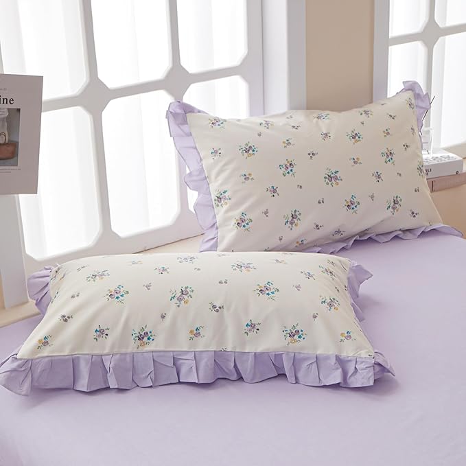 HighBuy Twin XL Comforter Set Ruffled Fluffy Lavender Flower Bedding Set for Women Girls Coquette Cottagecore Lace Ruffle Comforter and 2 Pillow Shams for All Season