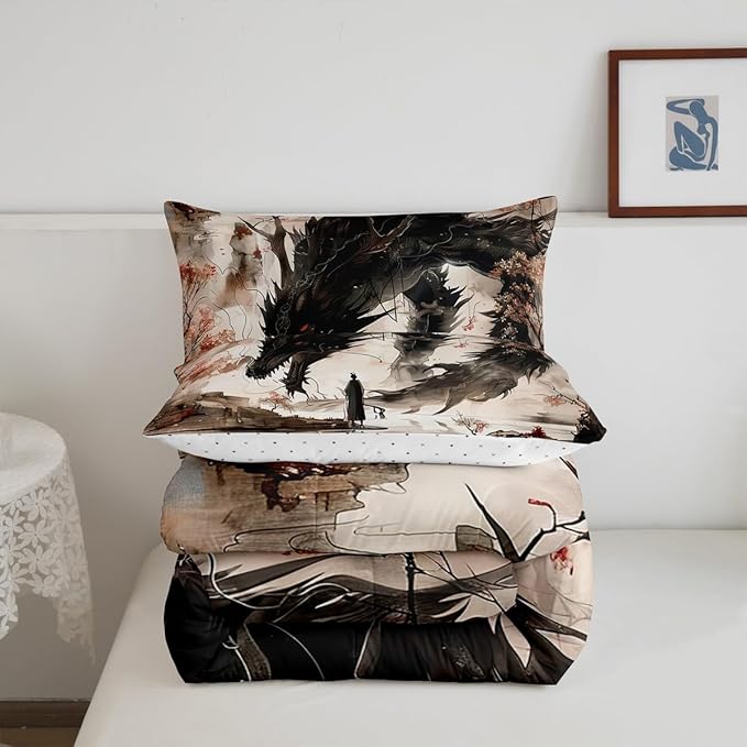 Feelyou Dragon Comforter Set Queen Size Japanese Style Comforter for Boys Girls Teens Samurai Bedding Set Japanese Ukiyoe Duvet Set Room Decor Black Beige Quilt Set