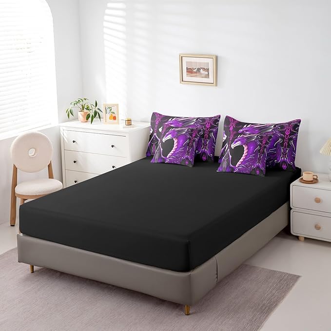 Erosebridal 3D Dragon Comforter Set 7 Piece Bed in a Bag Twin,Vintage Gothic Purple Dragon Bedding Sets Antique Wildlife Mythical Animal Sheet Set with Comforter