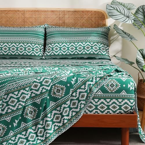 CozySmile 4 Pieces Queen Sheet Set Bohemian, Boho Sheets Soft Microfiber Deep Pocket, Western Sheets Geometric(Queen, Emerald Green)