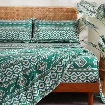 CozySmile 4 Pieces Queen Sheet Set Bohemian, Boho Sheets Soft Microfiber Deep Pocket, Western Sheets Geometric(Queen, Emerald Green)