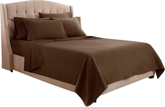 Clara Clark Flex Top King Sheets, 6 Piece Set - Hotel Luxury Sheets for Top Split King Bed, Super Soft Bedding Set, Head Split King Chocolate Brown