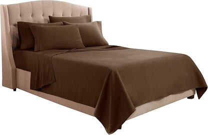 Clara Clark Flex Top King Sheets, 6 Piece Set - Hotel Luxury Sheets for Top Split King Bed, Super Soft Bedding Set, Head Split King Chocolate Brown