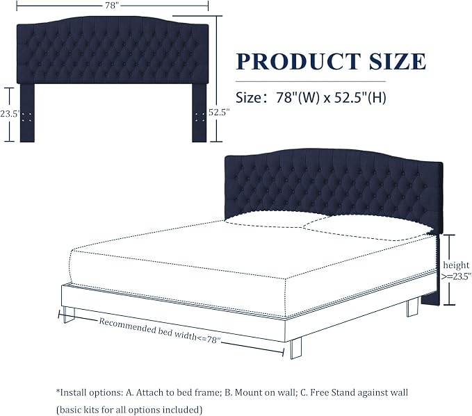 Furpopup Linen Upholstered Headboard King/Cal King Size Latest Model Wall Mount, Bed Frame Mount, Featuring High-Density Sponge Padding, Luxury Texture Easy Assembly Comfort and Style-Navy Blue