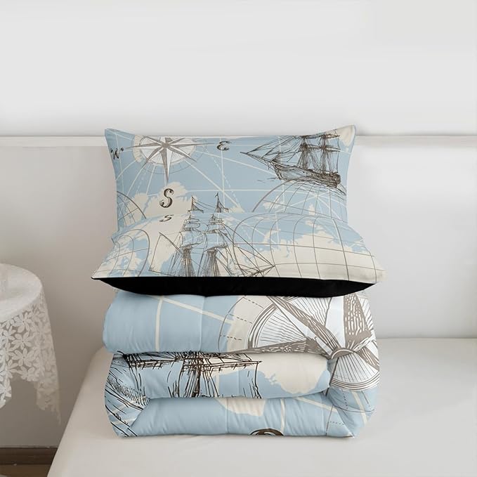 Nautical Queen Comforter Set, Retro Sailboat Bedding Set for Boys Girls Kids Teens, World Map Sketch Down Comforter, Vintage Anchor Compass Duvet Set, Yacht Ship Kids Comforter Sets, White Blue 3Pcs