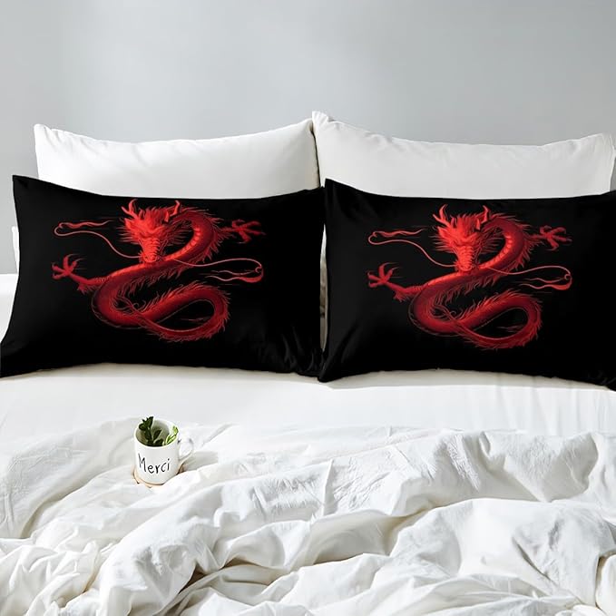 Feelyou Dragon Monster Bedding Set Twin Size Red Dragon Duvet Cover for Adult Kids Boys Girls Classical Monster Comforter Cover Set Black Red Cool Bedspread Cover 2Pcs Zipper