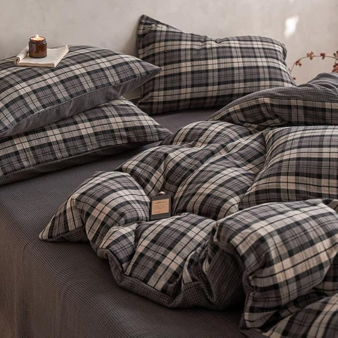VM VOUGEMARKET Grey Gingham Duvet Cover King Size,Soft Double Layer Cotton Bedding Set with Jacquard Plaid Check Pattern,Breathable Reversible Duvet Cover with Zipper Closure